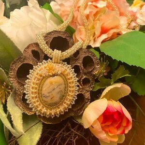 Hand beaded cabachon and beaded necklace